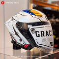 Gracshaw Gundam Collectors RX-78 White Blue open face helmet, front three-quarter view of the RX-78-2 shell