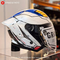 Gracshaw Gundam Collectors RX-78 White Blue open face helmet, side view of the helmet on a display stand