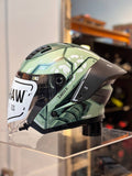 Gracshaw Gundam Collectors Zaku Green open face helmet, front three-quarter view with Zaku II graphics
