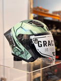 Gracshaw Gundam Collectors Zaku Green open face helmet, front three-quarter view showing the MS-06F markings