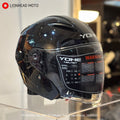 YOHE 868-2 open face helmet in Black, front three-quarter view with the visor sticker
