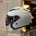 YOHE 868-2 open face helmet in White, side view on a display stand