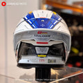 Gracshaw Gundam Collectors RX-78 White Blue open face helmet, rear view showing the blue and yellow tail panel