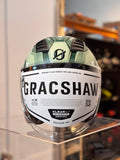 Gracshaw Gundam Collectors Zaku Green open face helmet, front view with the Gracshaw visor sticker in place