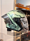 Gracshaw Gundam Collectors Zaku Green open face helmet, side view with the Gundam Universe Zaku II graphics