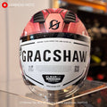 Gracshaw Gundam Collectors Zaku Red open face helmet, front view with the visor sticker in place