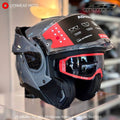 Nardo grey LS2 FF910 Advant 2 motorcycle helmet, right side view with the chin bar raised and the red label