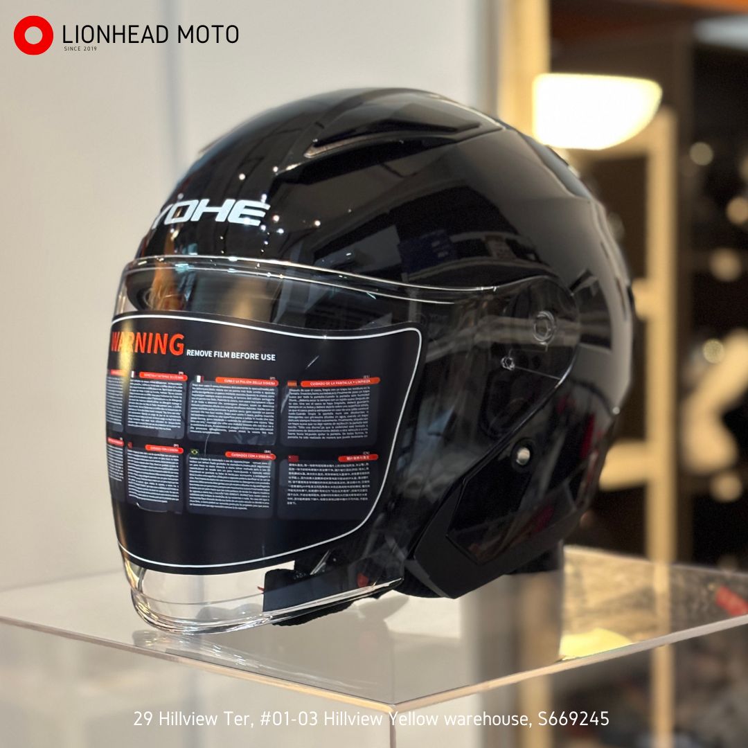 YOHE 868-2 open face helmet in Black, front three-quarter view