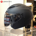 YOHE 868-2 open face helmet in Matte Black, front three-quarter view of the matte black shell