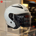 YOHE 868-2 open face helmet in White, front three-quarter view showing the size label
